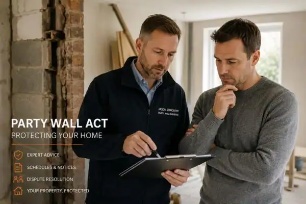 Party wall surveyor Fleet discussing extension plans with homeowner outside a UK semi-detached house.